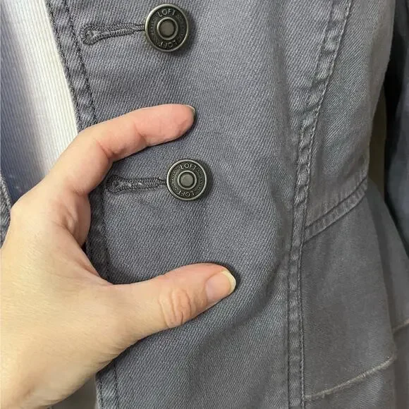 Ann Taylor Loft Military Style Denim Jacket 0 Gray Double Breasted Button Ruffle - Picture 2 of 8